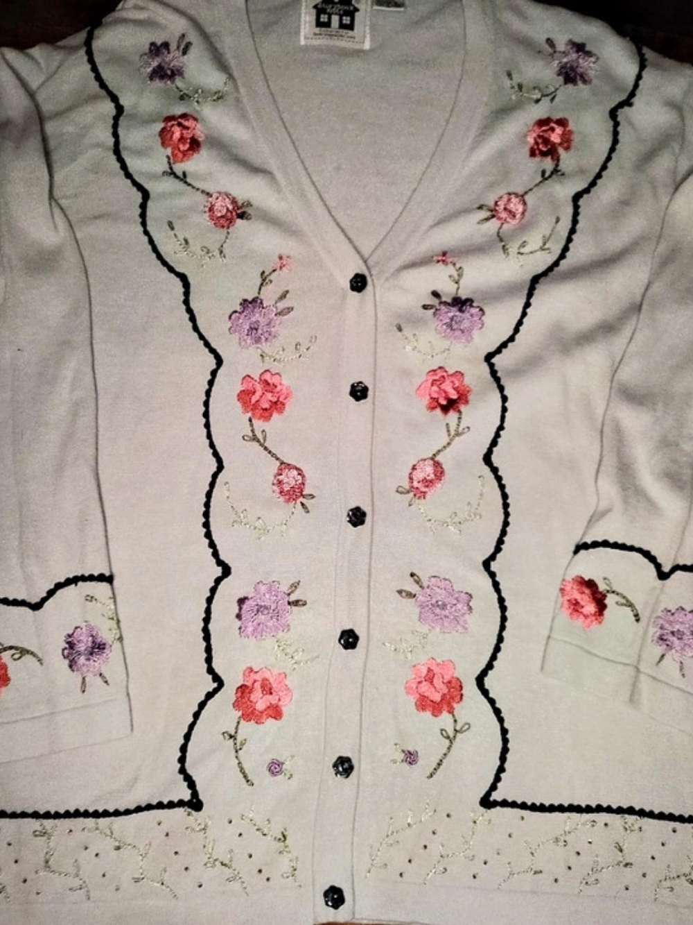 Storybook Knits Floral Embroidered Cardigan in Gray